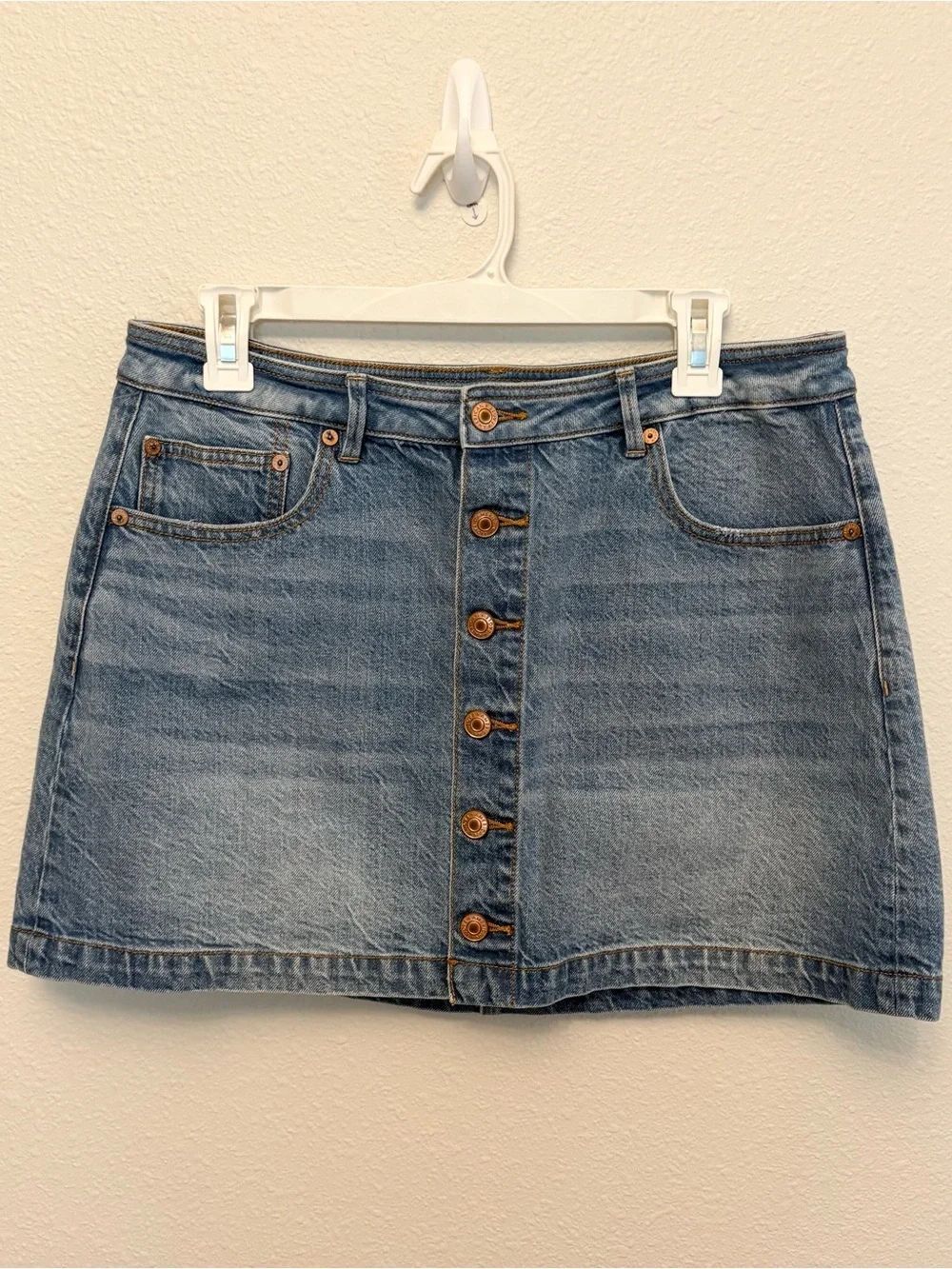 American Eagle Super Hi Rise A Line Button Up Blue Denim Jean Skirt Size 12R